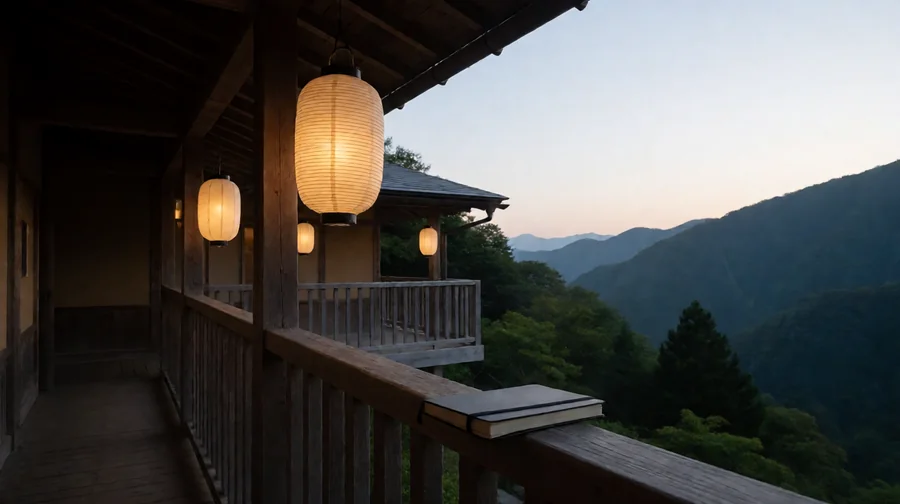 桥本有菜姐姐角色题材作品整理配图;山间日式旅馆走廊与亮起的纸灯笼